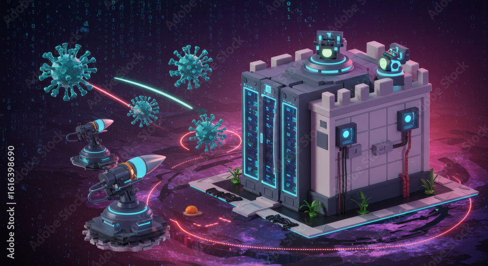 Aufkleber isometric concept of advanced network security with a digital fortress defending against malware and