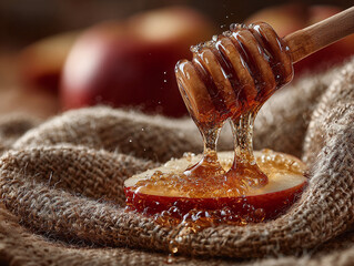 rosh hashanah honey dip photo, apples and wooden dipper on linen, jewish new year symbolic food