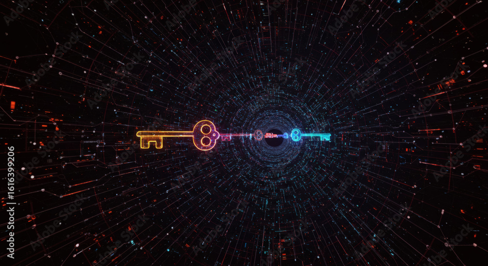 Poster abstract futuristic digital key glowing in a data stream. concept of cybersecurity, network access, 