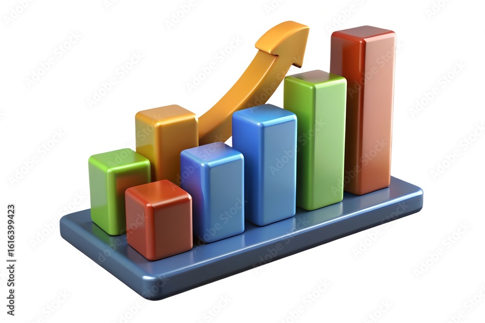 Poster 3d bar chart with upward arrow showing growth and progress