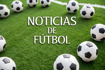 Noticias de fútbol text featured with floating footballs on a clean background concept made for Spanish sports journalism football blog articles online updates match highlights and editorial visuals