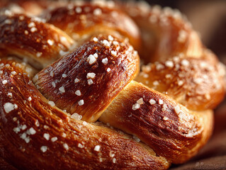oktoberfest pretzel stack macro, salt crystals glitter, warm bakery tones, october food close‑up