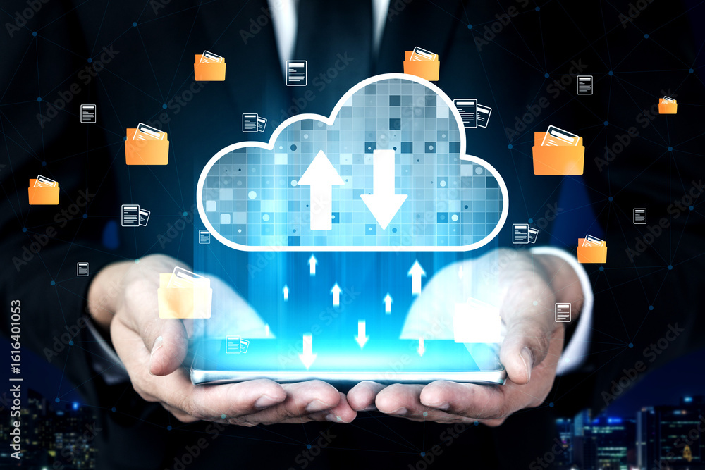 Poster cloud computing enables digital growth with secure data storage, scalable infrastructure, and strate