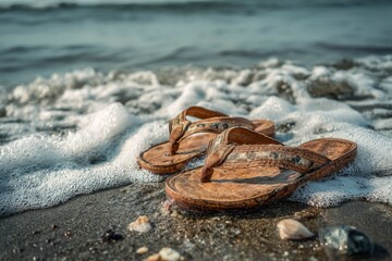 Worn flipflops sit on a sandy beach amidst frothy waves close to the waters edge showing wear and a summer scene
