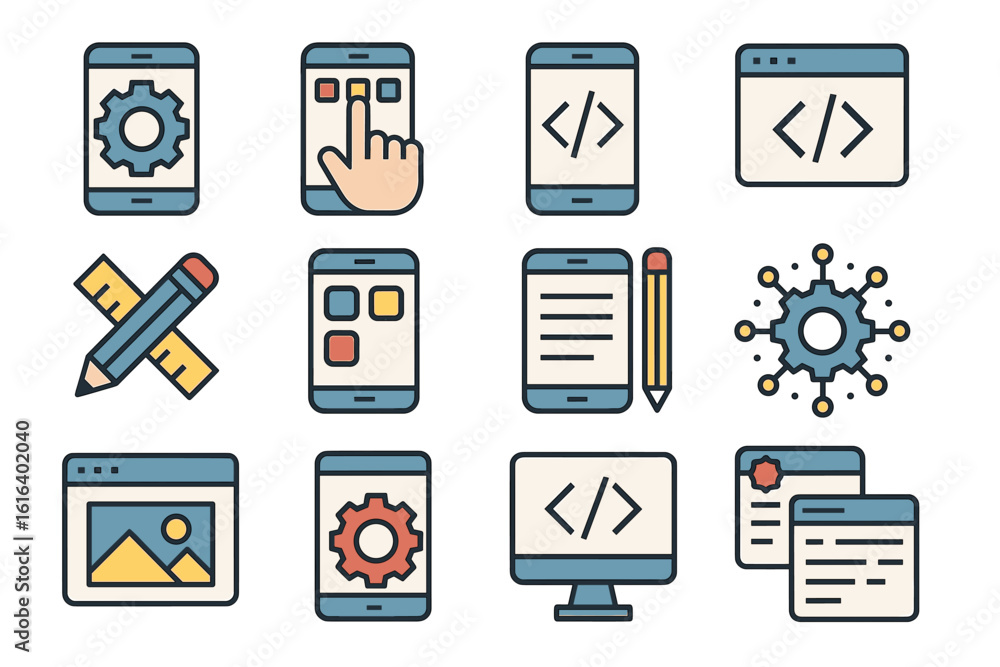 Aufkleber colorful icons of software development and web design elements