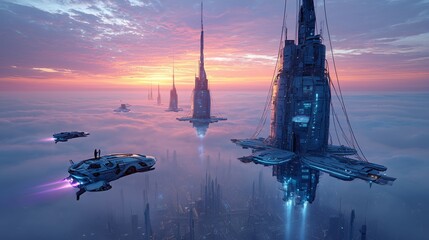 cinematic, low angle shot of a massive space elevator ascending from a futuristic metropolis into the clouds, glowing carbon nanotube cables against a vibrant sunset, flying vehicles whizzing by, hype