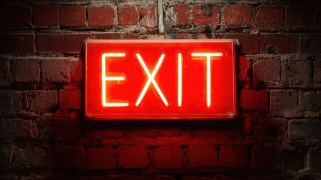 A glowing red exit sign is prominently displayed on a rough brick wall, creating a stark contrast in the dark corridor, indicating a safe route to leave the building. - Powered by Adobe