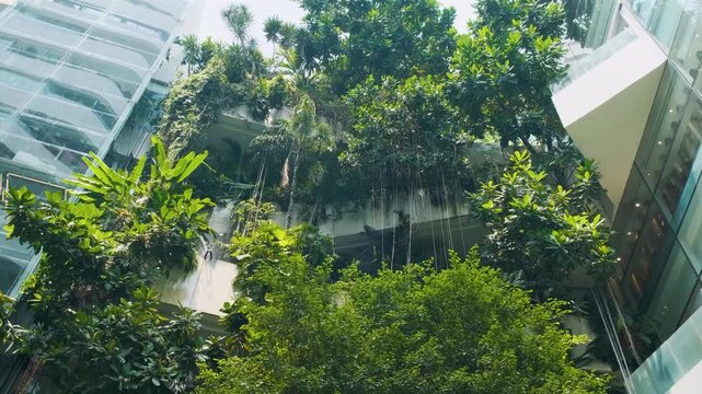Lush vertical garden with tropical plants and cascading vines on the facade of modern shopping mall in Bangkok city surrounded by glass walls, Thailand. Green architecture and sustainable design