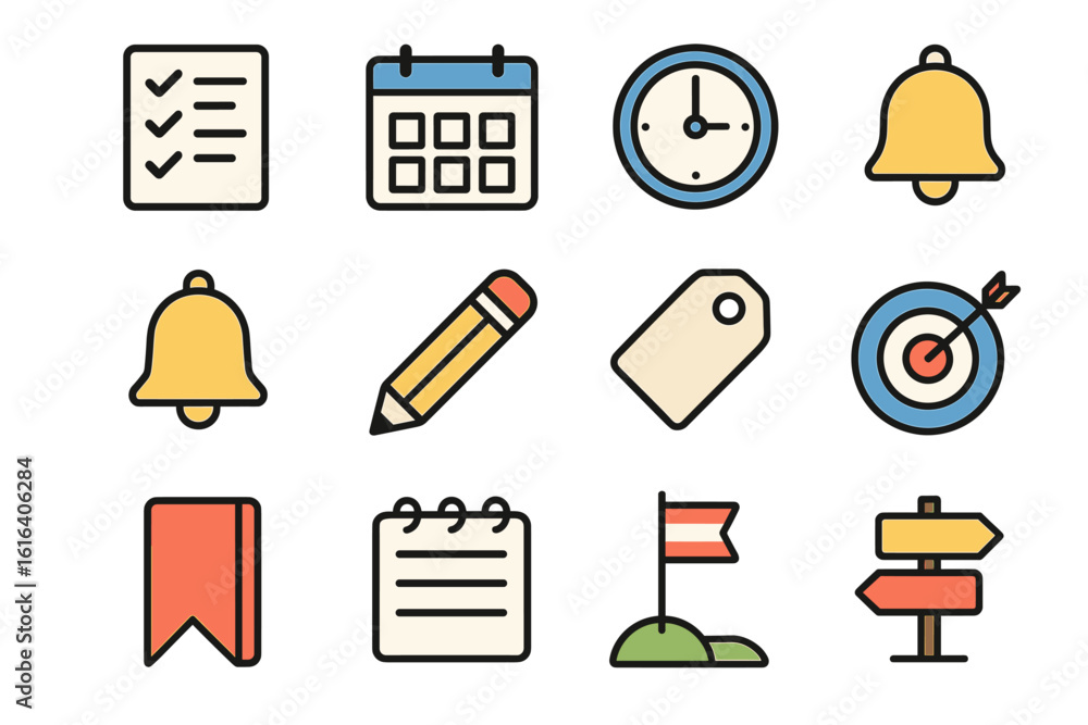 Poster collection of business and productivity icons featuring checklists and tools