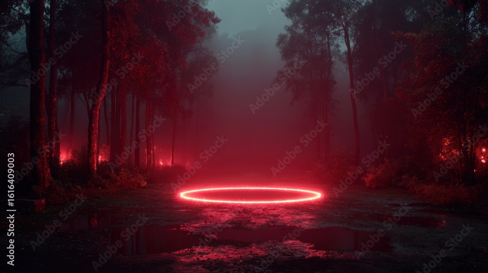 Aufkleber a vibrant red light forms a perfect circle in a misty forest clearing. surrounding trees create an e