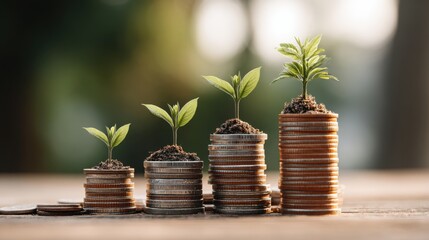 Four stacks of coins each support a growing plant, showcasing the relationship between financial investment and environmental sustainability in a natural setting.