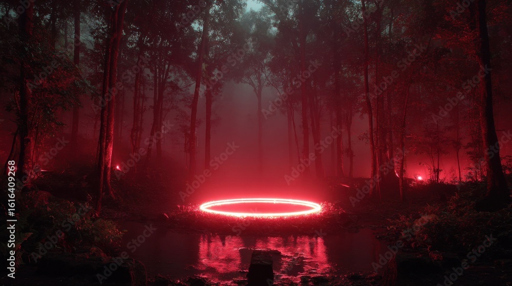 Poster a striking red glow illuminates a circular formation in a dense, foggy forest. tall trees create a d