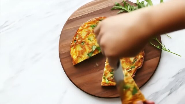 Overhead shot of a person cutting a frittata with potatoes and herbs on a brown wooden board with a white marble background. Food photography, simple cooking concept.