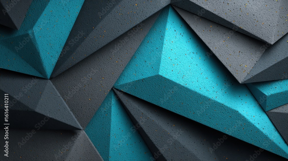 Poster angular elements form a striking texture on the wall, showcasing a blend of blue and gray tones. thi