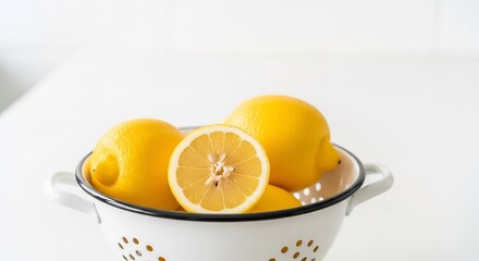Fresh whole and sliced lemons sit in a white metal strainer on a clean kitchen countertop. Bright, minimalist background with copy space for food and health concepts.
