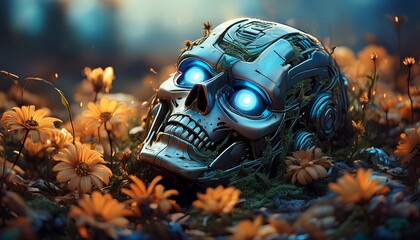 fallen robot head with glowing blue eyes lies on the ground among flowers depicting a post apocalyptic scene