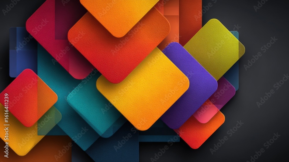 Poster brightly colored squares and rectangles overlap against a dark backdrop, forming an eye-catching and