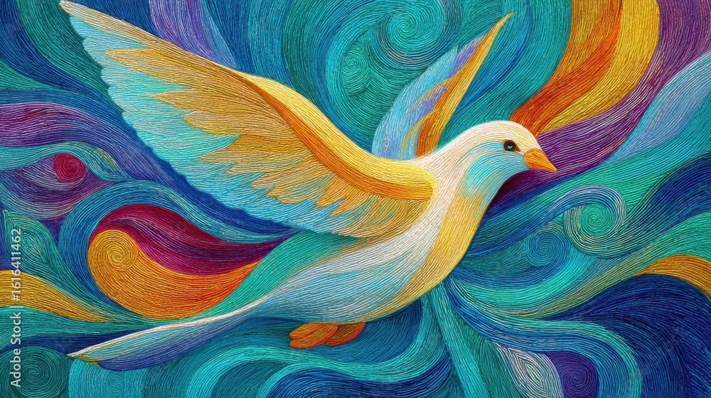 Poster a beautifully detailed bird soars through an abstract backdrop filled with swirling patterns. the vi