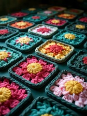 Vibrant crocheted granny squares with floral patterns neatly arranged in a grid, highlighting handmade craft.