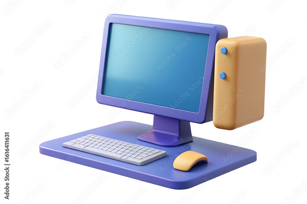 Poster stylized 3d rendering of a purple computer and yellow tower