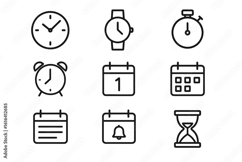 Poster set of minimalist time and calendar icons for scheduling and planning