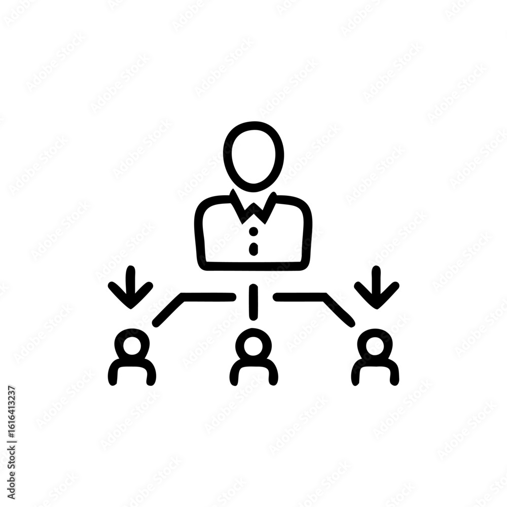 Poster outline icon a person with three subordinates arrows pointing down people team