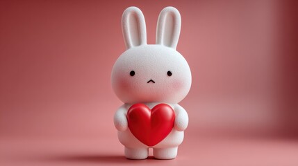 Obraz premium A charming bunny character, with round cheeks and large ears, stands holding a bright red heart. The soft pink backdrop enhances the adorable appearance, creating a warm atmosphere.