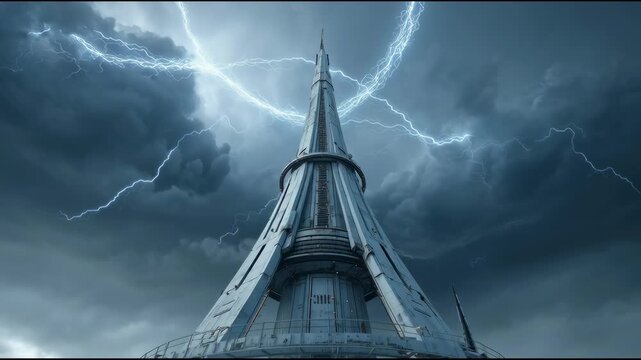 an colossal, architecturally advanced weather control tower piercing the storm clouds, arcs of energy connecting to the sky, dramatic and powerful atmosphere, cinematic still from a sci-fi blockbuster