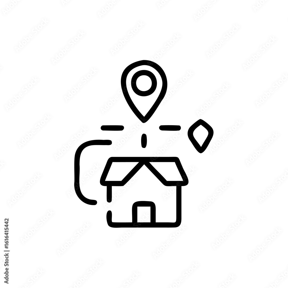 Poster outline icon house with open box location pin relocation move