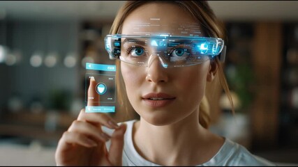 Close-up of a woman wearing smart AR glasses while shopping in a digital interface from a modern living room - Powered by Adobe