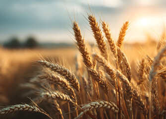 Fototapeta premium Wheat field. Ears of golden wheat closeup. Rural scenery under shining sunlight