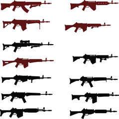 Colorful vector illustration set of various machine guns and heavy firearms, including mounted and portable options. Ideal for military, tactical, gaming, and security-themed design projects.
