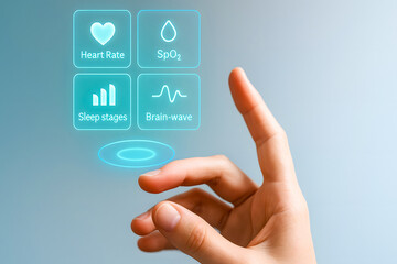 Hand interacts with a holographic interface showing health metrics such as heart rate and sleep patterns. Futuristic design emphasizes innovation in technology and personal health monitoring systems.