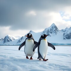 Fototapeta premium Two penguins walking on snow with mountains in the background