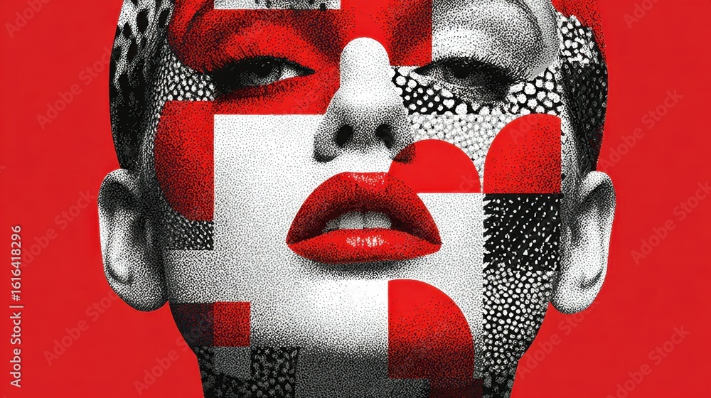 Aufkleber an abstract art piece features a close-up of a model's face, adorned with striking red and black geo