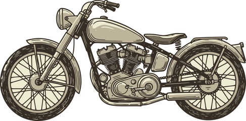 Hand-drawn vintage classic motorcycle illustration, detailed retro motorbike. Perfect for transportation, automotive, biker culture, and historical design projects.