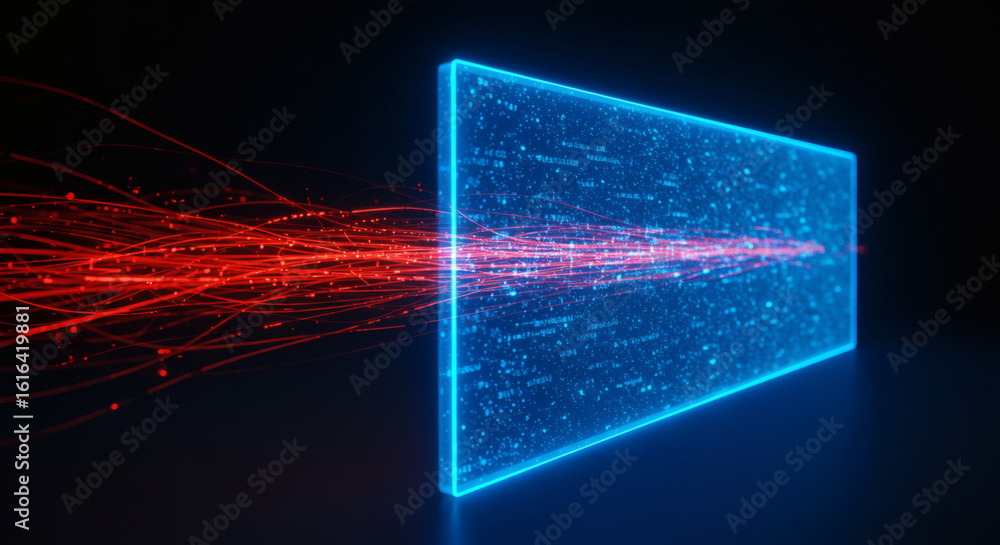 Poster digital security firewall blocking a dangerous stream of data. abstract concept of cybersecurity, in
