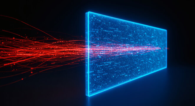 Digital security firewall blocking a dangerous stream of data. Abstract concept of cybersecurity, internet protection, and antivirus defense.