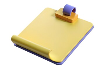 Obraz premium 3d rendered yellow clipboard with rolled paper and blue clip