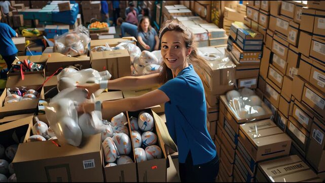 Cheerful humanitarian volunteer sorts packaged food supplies in donation center full of aid materials.