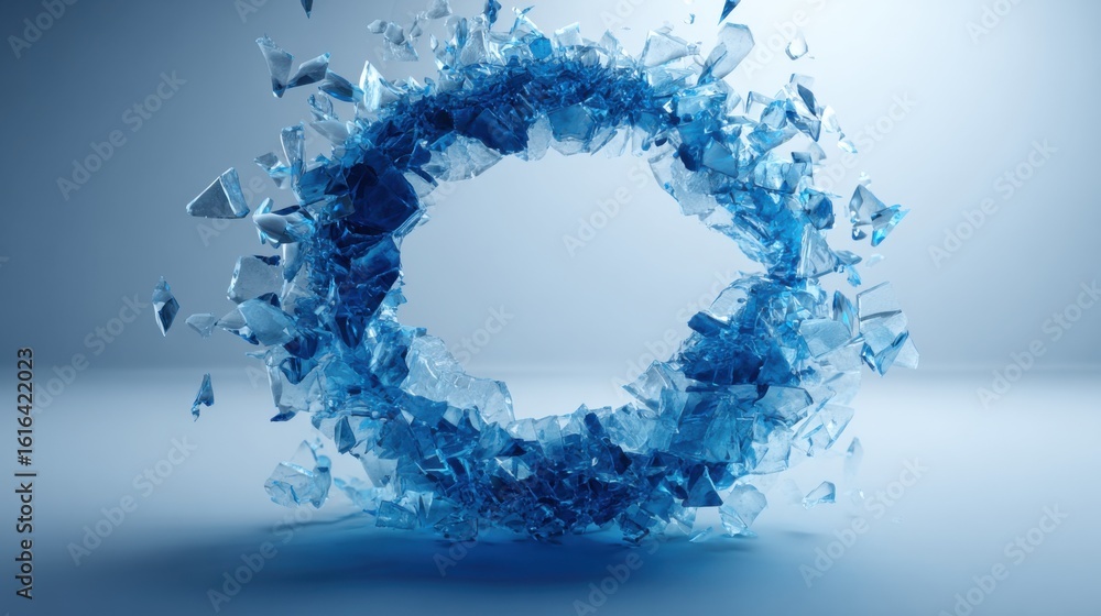 Aufkleber blue glass pieces are explosively scattered around a circular formation, creating a striking visual 