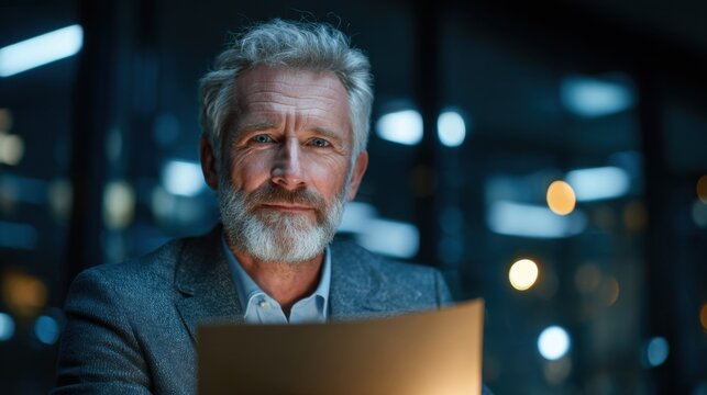 A middle-aged man with a beard studies important documents in a sleek office. Soft lighting from the cityscape outside creates a professional yet relaxed atmosphere.