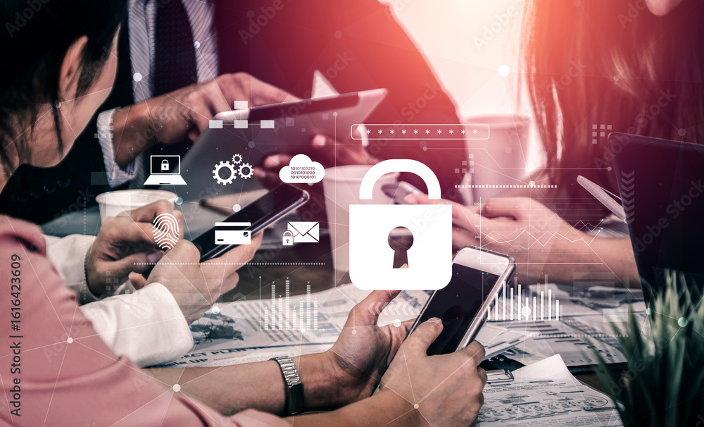 Poster digital cyber security lock system highlighting data security encryption, cyber password protection,