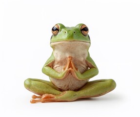Frog in meditation pose on white background, funny symbolic yoga stock photo