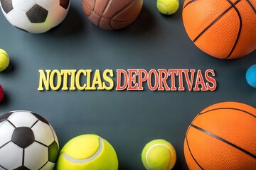 Fototapeta premium Headline Noticias Deportivas and multiple sport balls concept for Spanish Sport News blogs platform design editorial content match highlights and event results in a bright and clean graphic layout