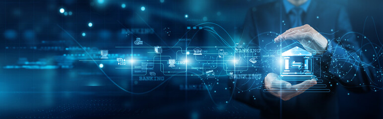 Financial analyst hands holding finance banking network connections Digital payments risk compliance, customer account data encryption, and fintech transaction monitoring services.