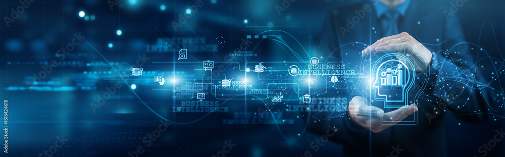 Poster data analyst hands holding dashboards business intelligence network connections insights reporting f