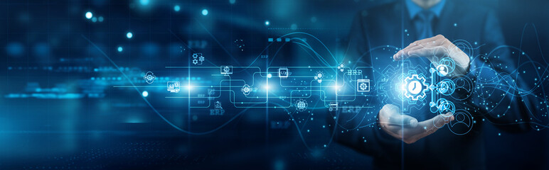 ERP consultant hands holding processes ERP systems network connections inventory finance reporting, and integration modules planning resources operations compliance scalability.