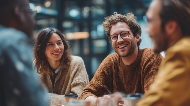 Young entrepreneurs in casual business meeting smiling together.  Group of young professionals enjoying a relaxed business meeting in a modern setting