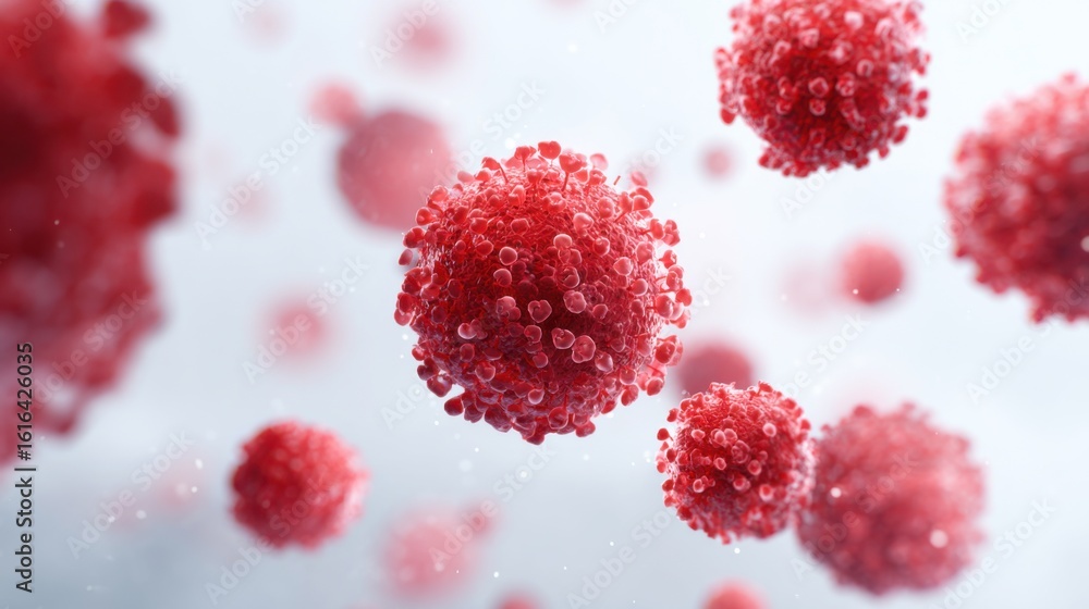 Poster red viruses are depicted floating in a soft, blurred microscopic setting. the intricate details of t